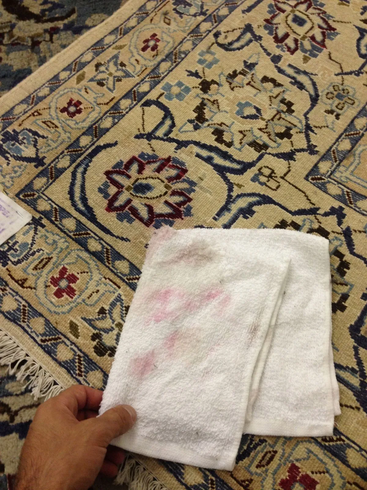A white towel pressed against a damp rug to check for dye bleed