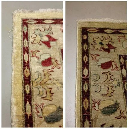 A rug corner with a glued backing, shown before and after our repair